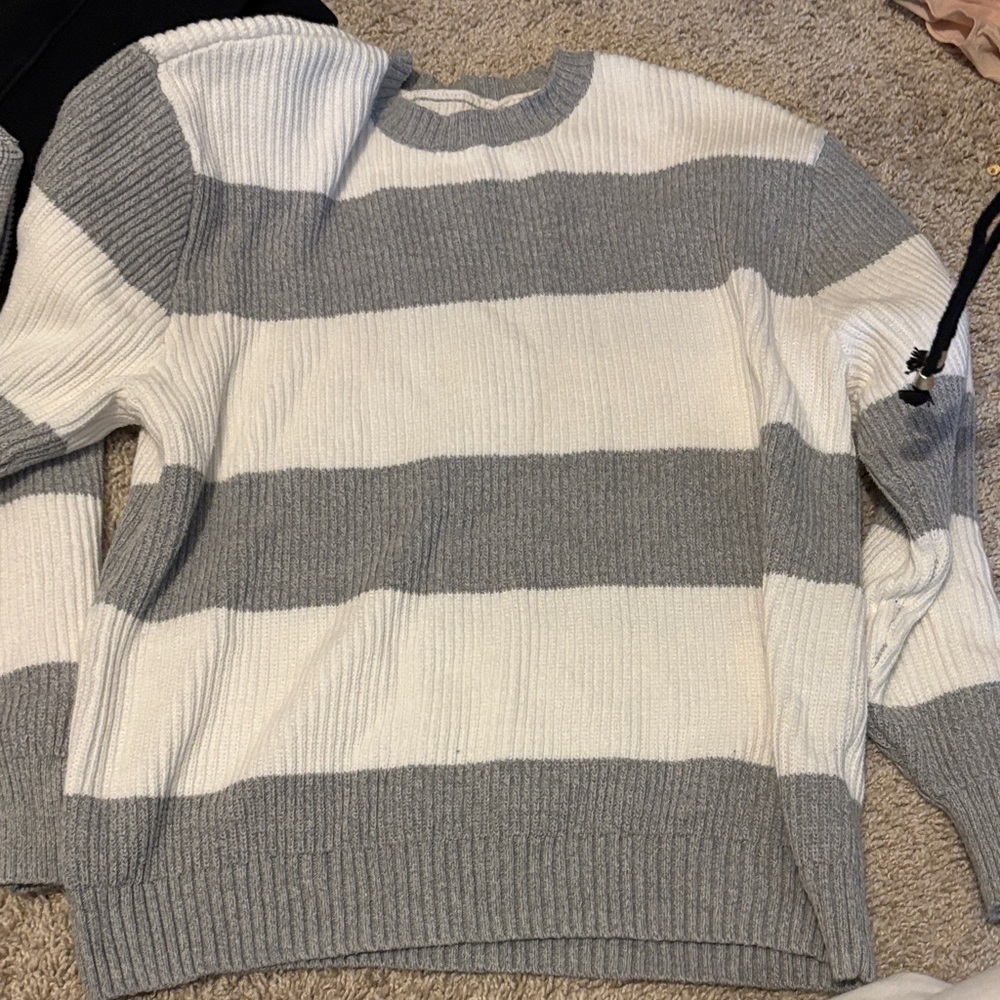 Hollister Gray and White Striped Crewneck Sweater